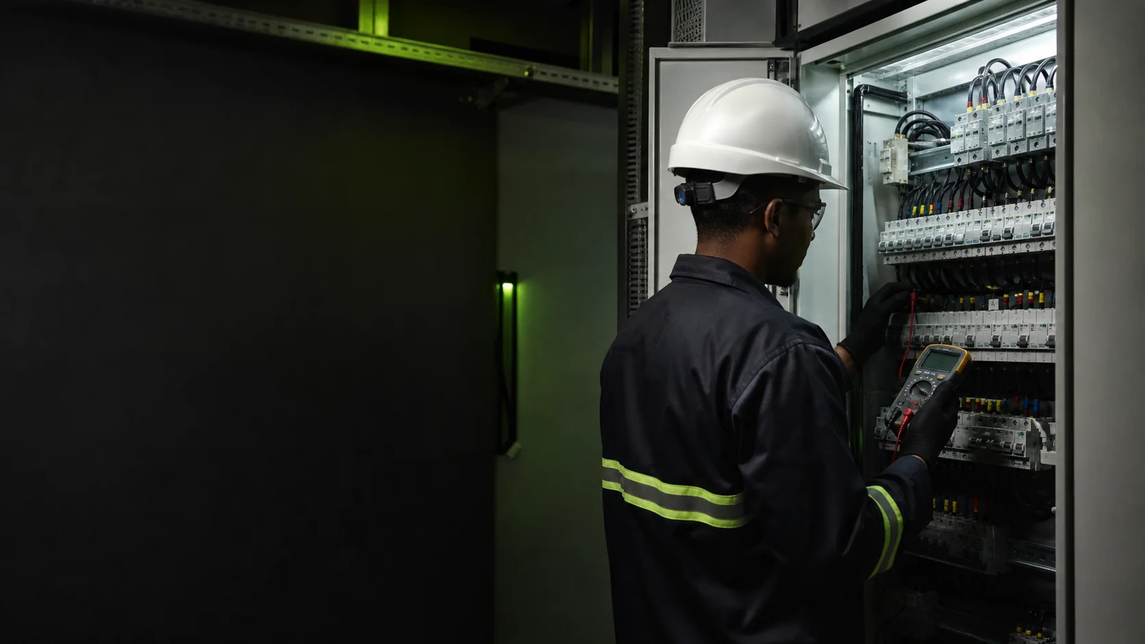 Electrician testing a distribution board for Bordeaux electrical planning