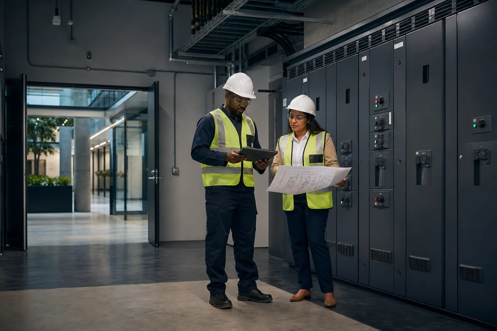 Commercial electrician and facilities manager reviewing a closed office-building distribution board