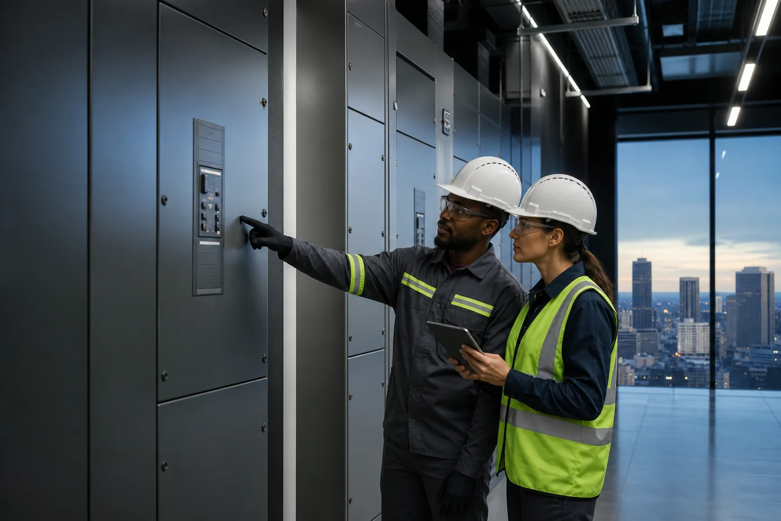 Facilities professionals reviewing a closed high-rise office electrical riser panel