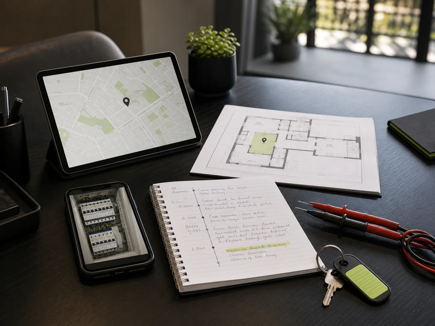 Property location, plan, safe electrical photo and symptom notes prepared for an electrical enquiry