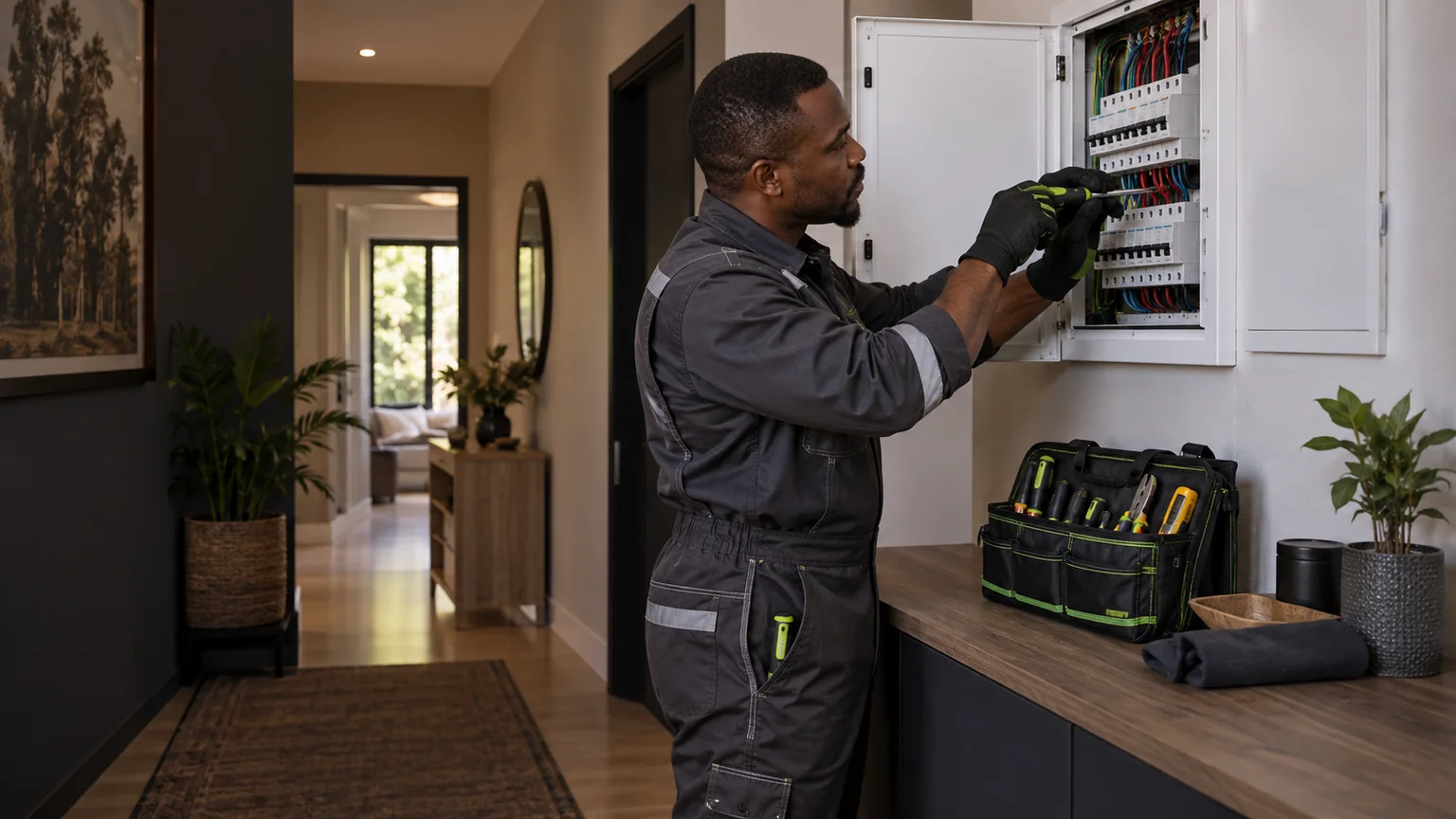 Electrician repairing connections in a household distribution board