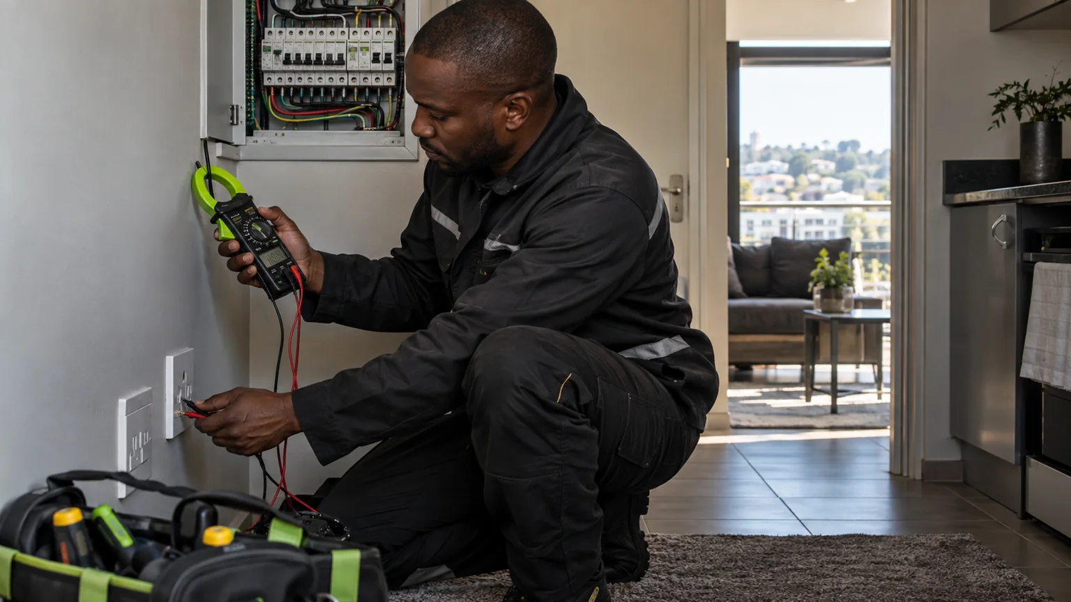Electrician testing an electrical circuit near a distribution board