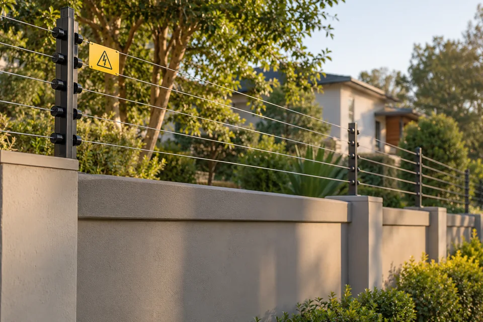 Electric fence wires and insulators mounted above a boundary wall, with a yellow warning sign