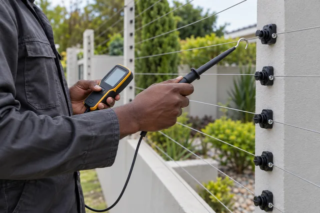 Insulated test equipment beside electric fence wires and wall-mounted insulators