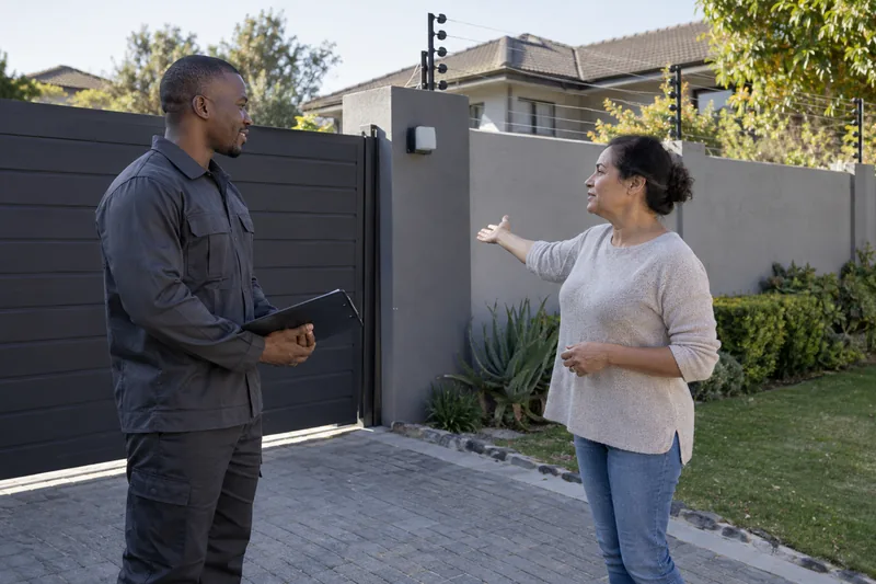 Homeowner discussing an electric-fence inspection with a technician beside a driveway gate