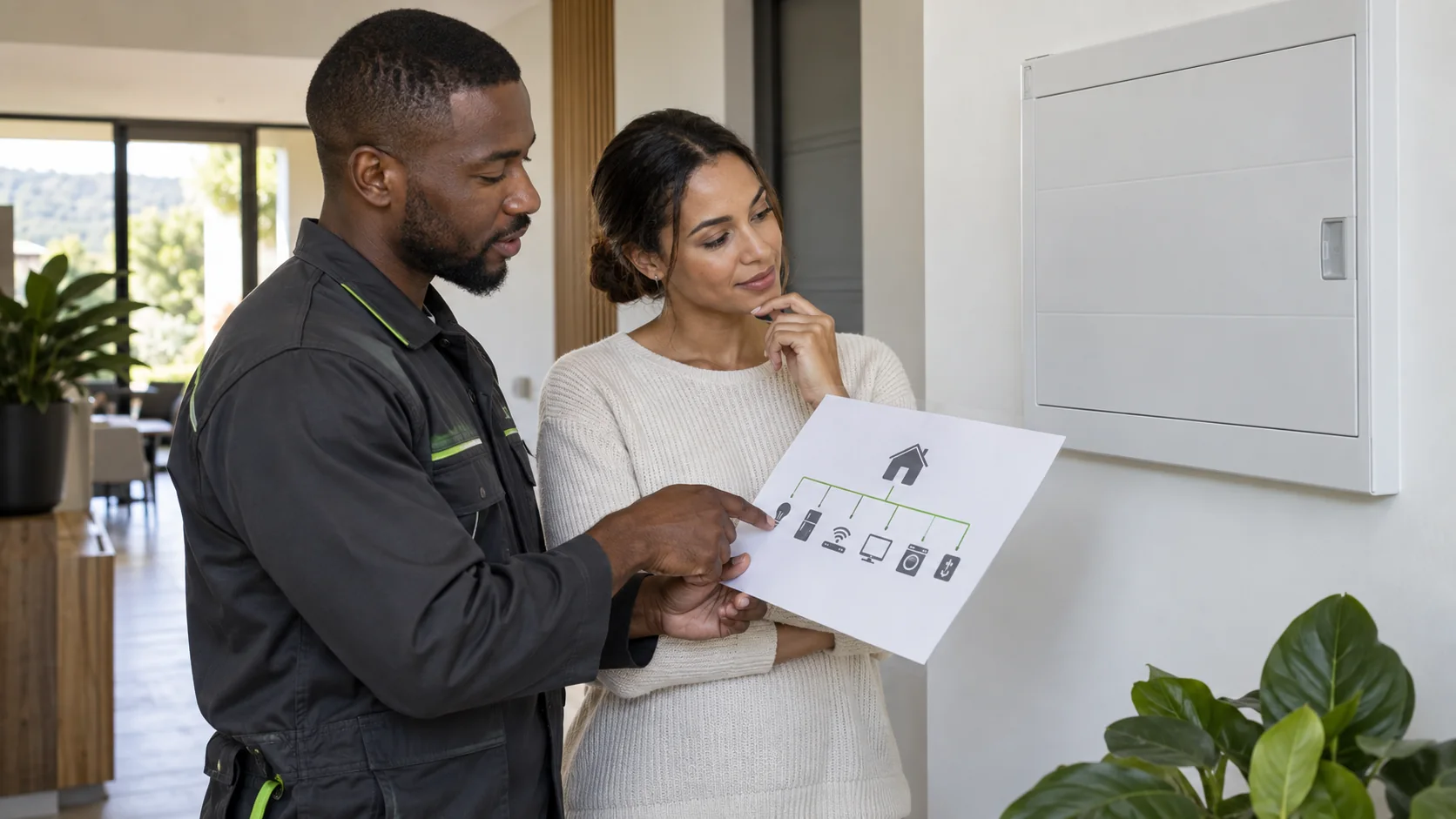 Electrician and property owner reviewing an essential-load circuit plan