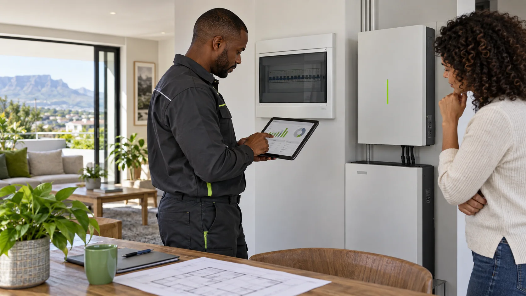 Electrician reviewing load and inverter equipment data for system planning
