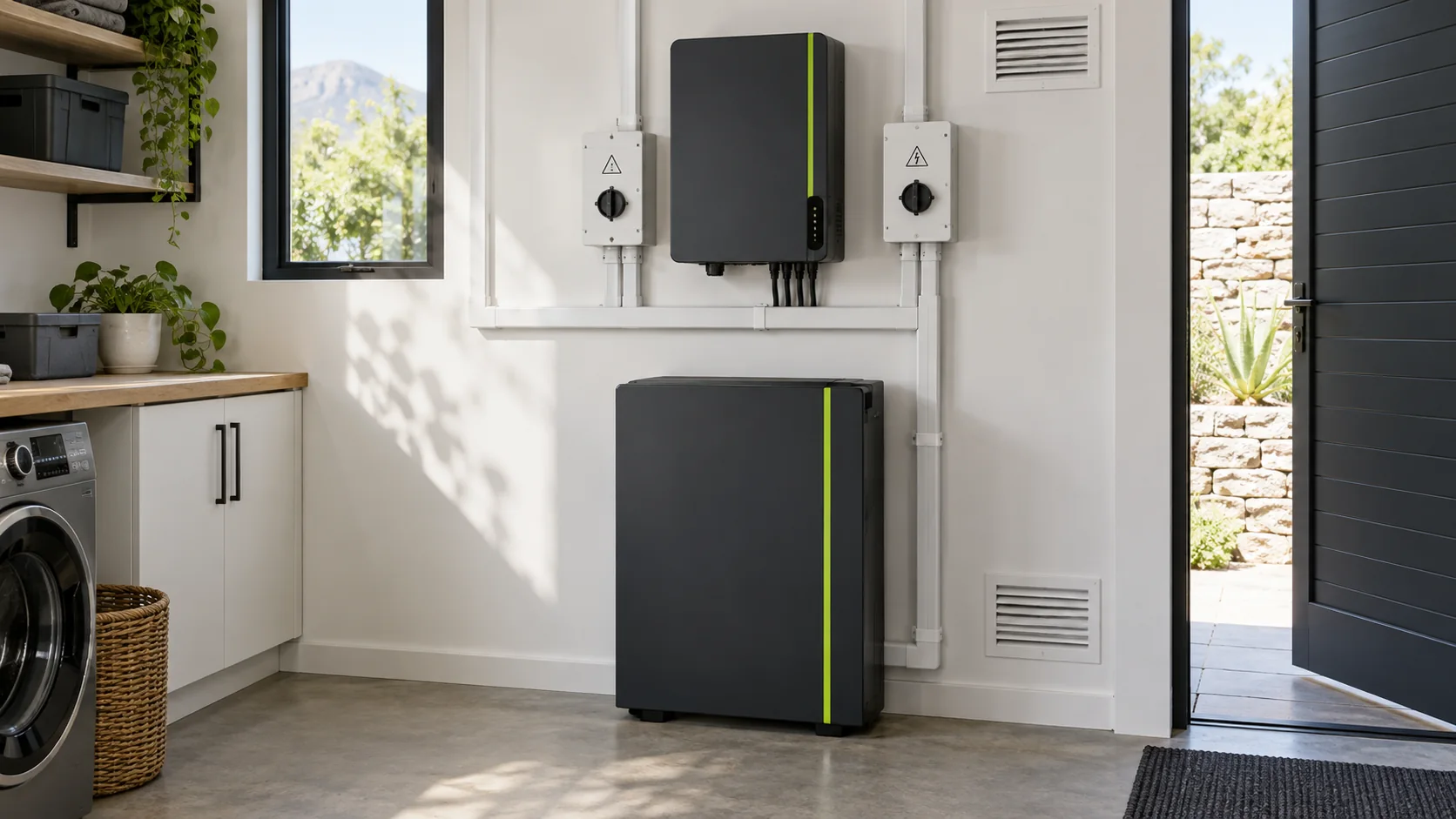 Illustrative safely mounted inverter and enclosed battery system with clear access