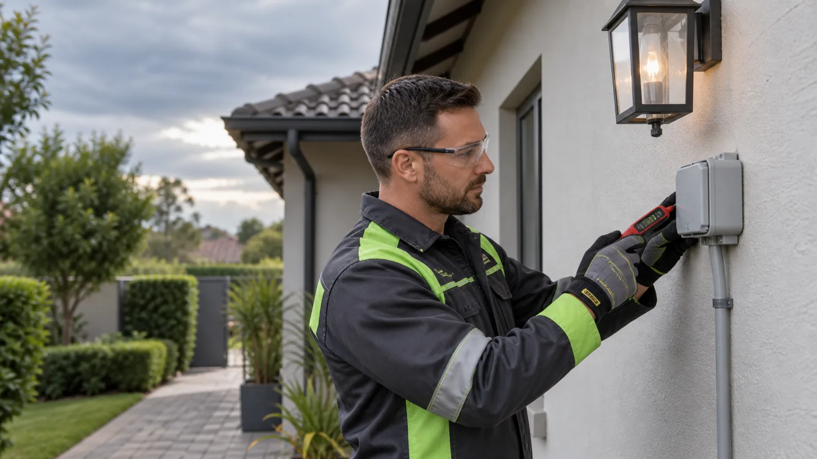 Electrician testing an isolated weatherproof exterior-lighting junction at a Doringkloof home