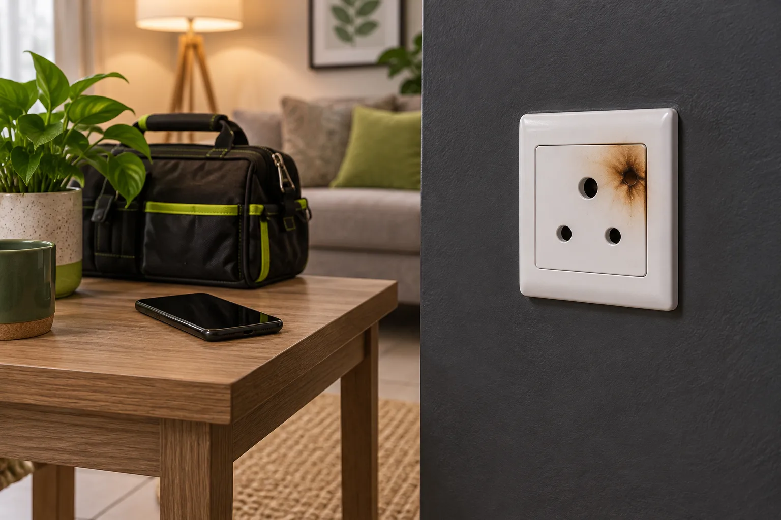 Electrician Horizon View — electrical guidance Editorial illustration of a discoloured wall socket with a phone and closed electrical tool bag nearby