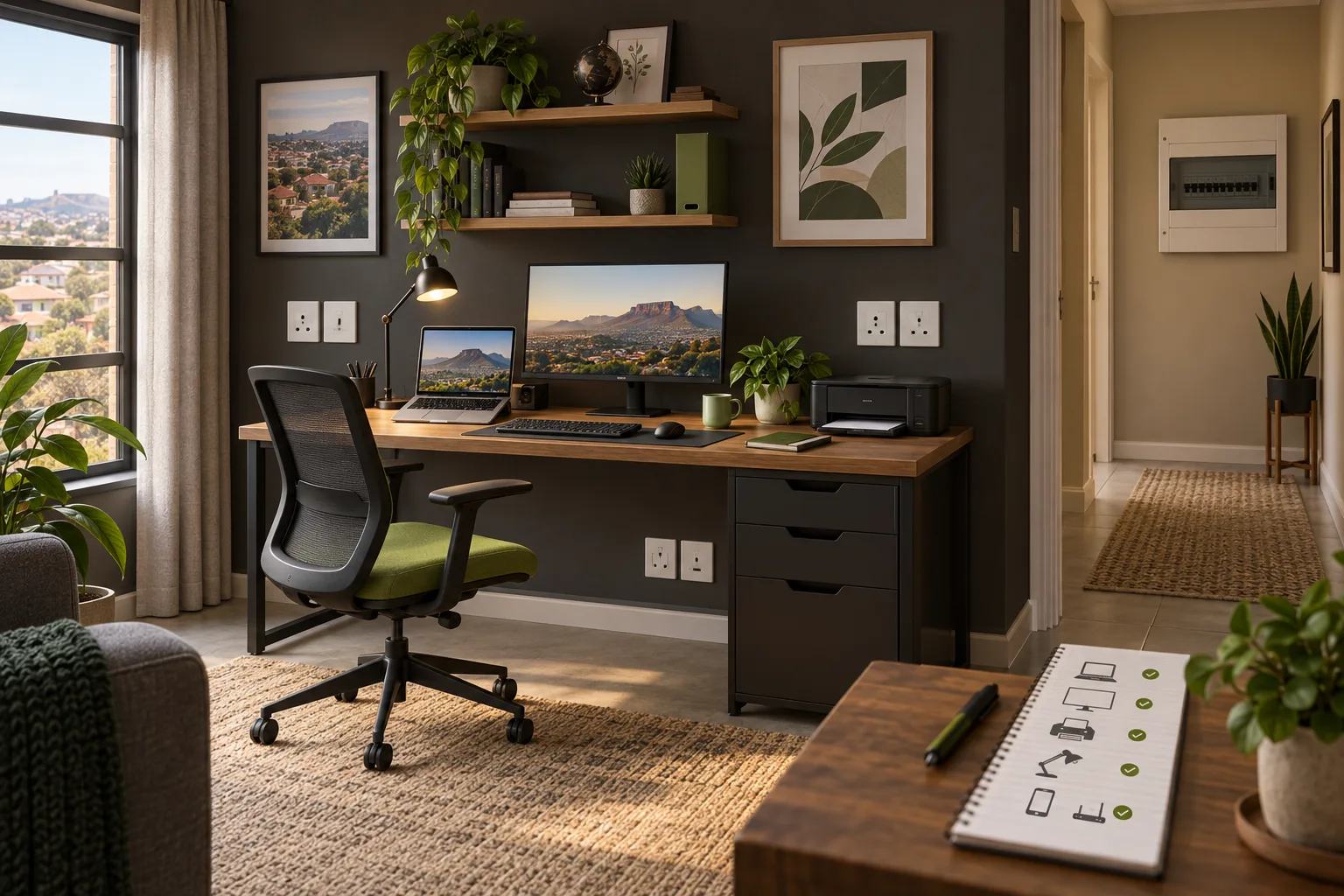 Electrician Lindhaven — electrical guidance Editorial illustration of a home office with planned wall sockets and a closed distribution board