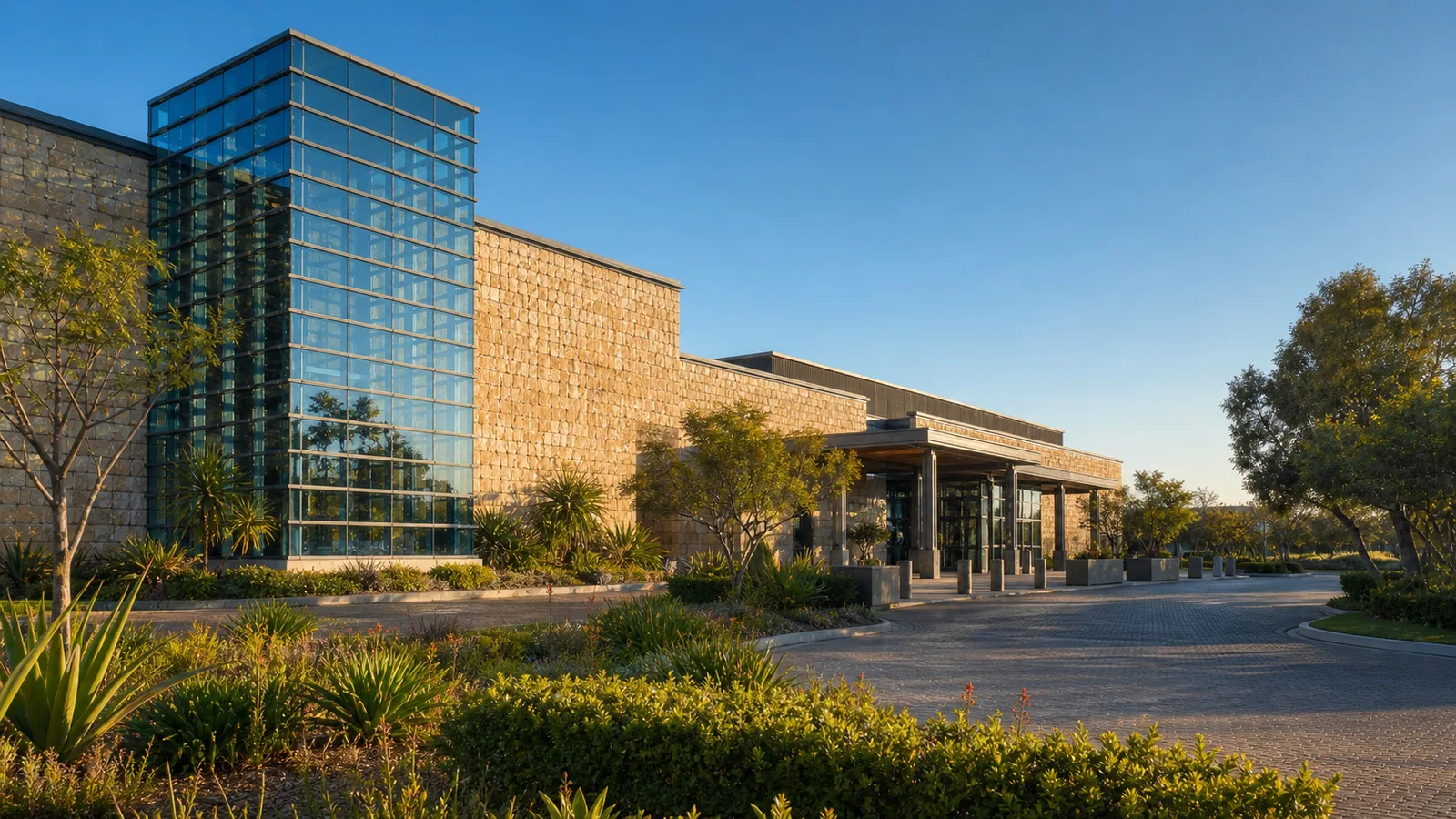 Wesslink artistic impression of Clearwater Mall, a major regional landmark serving Little Falls, with its pale stone facade, blue-glass tower, entrance canopy and landscaped approach.