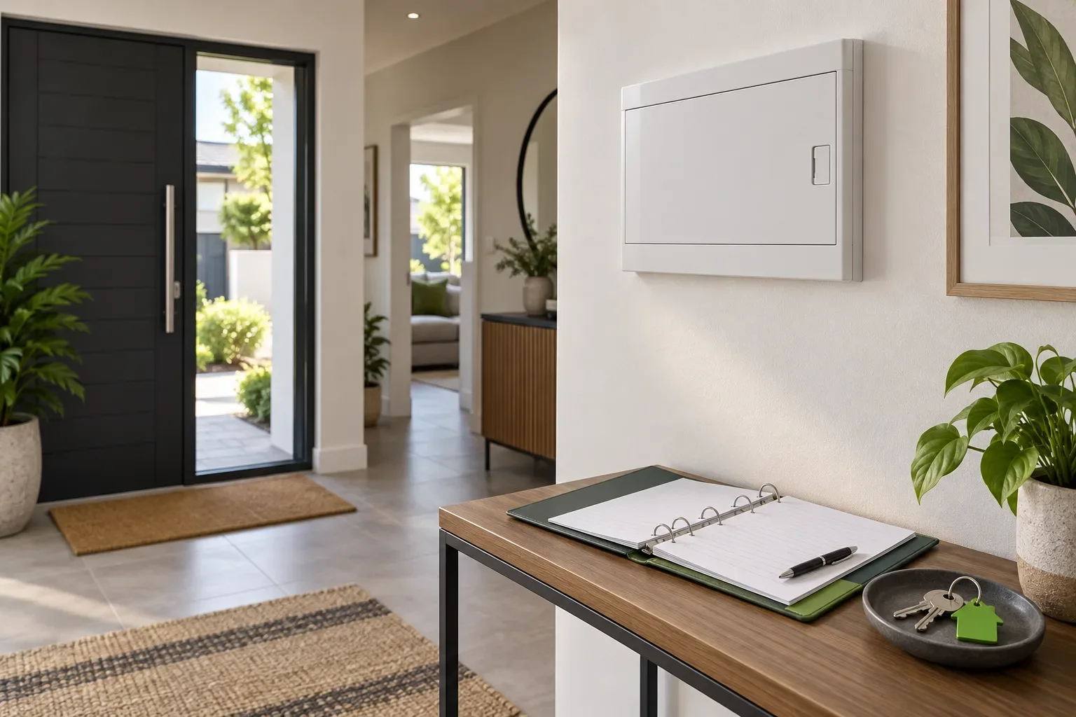 Editorial home interior with a closed distribution board and planning records. Illustration used for Electrician Sharonlea guidance; not a local property photograph or completed job.