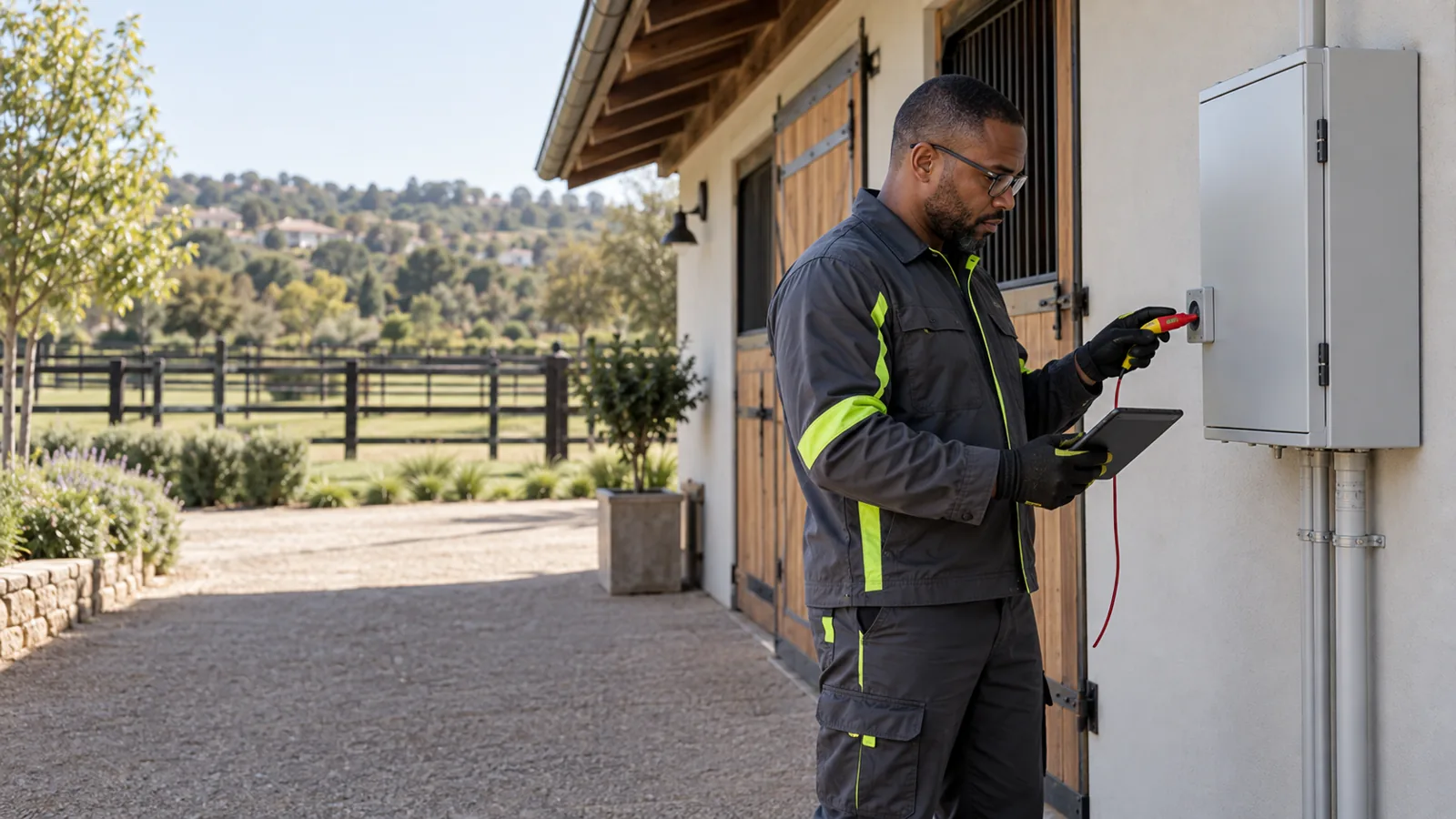 Electrician inspecting an outbuilding sub-board in a Kyalami equestrian-property setting