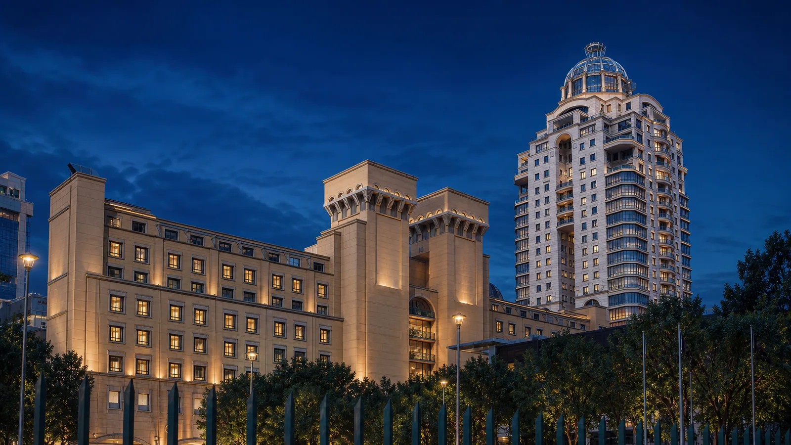 Artistic impression of the Michelangelo buildings in Sandton, with a glass-crowned tower and sandstone hotel facade.