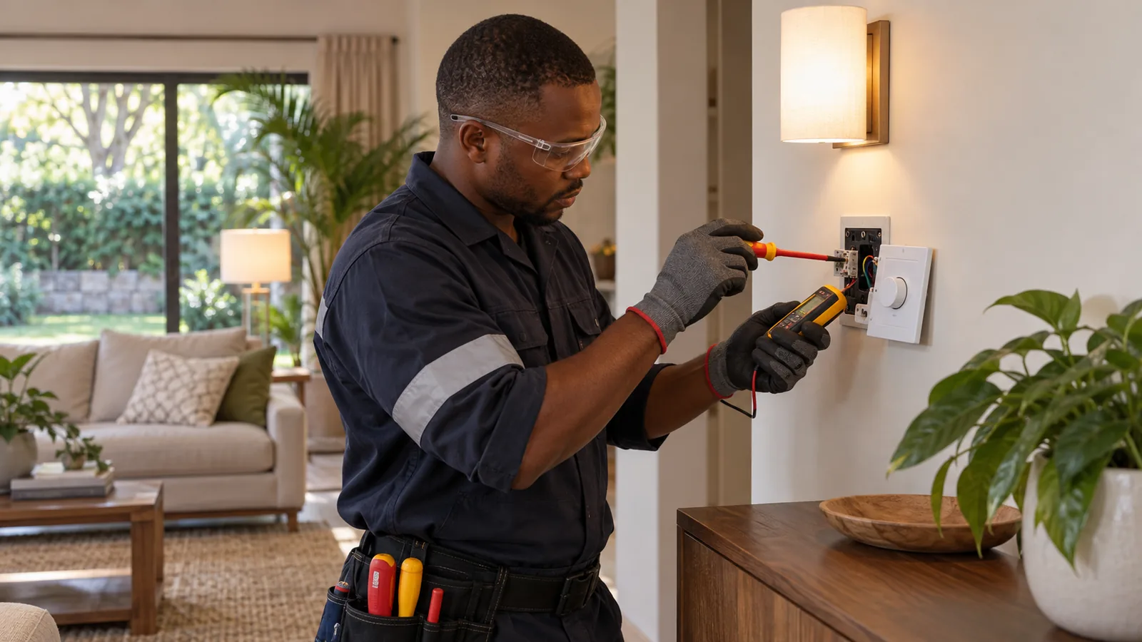 Electrician Victory Park lighting-control testing Electrician testing a wall-mounted lighting control in an established Victory Park home