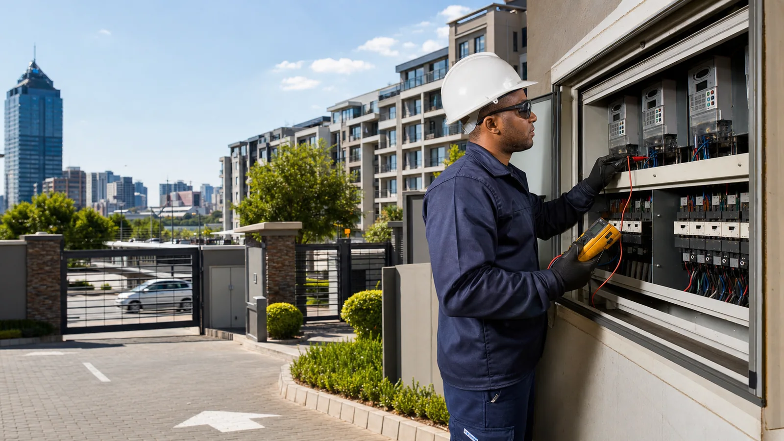 Editorial view of communal meter and apartment feeder inspection context in Benmore Gardens