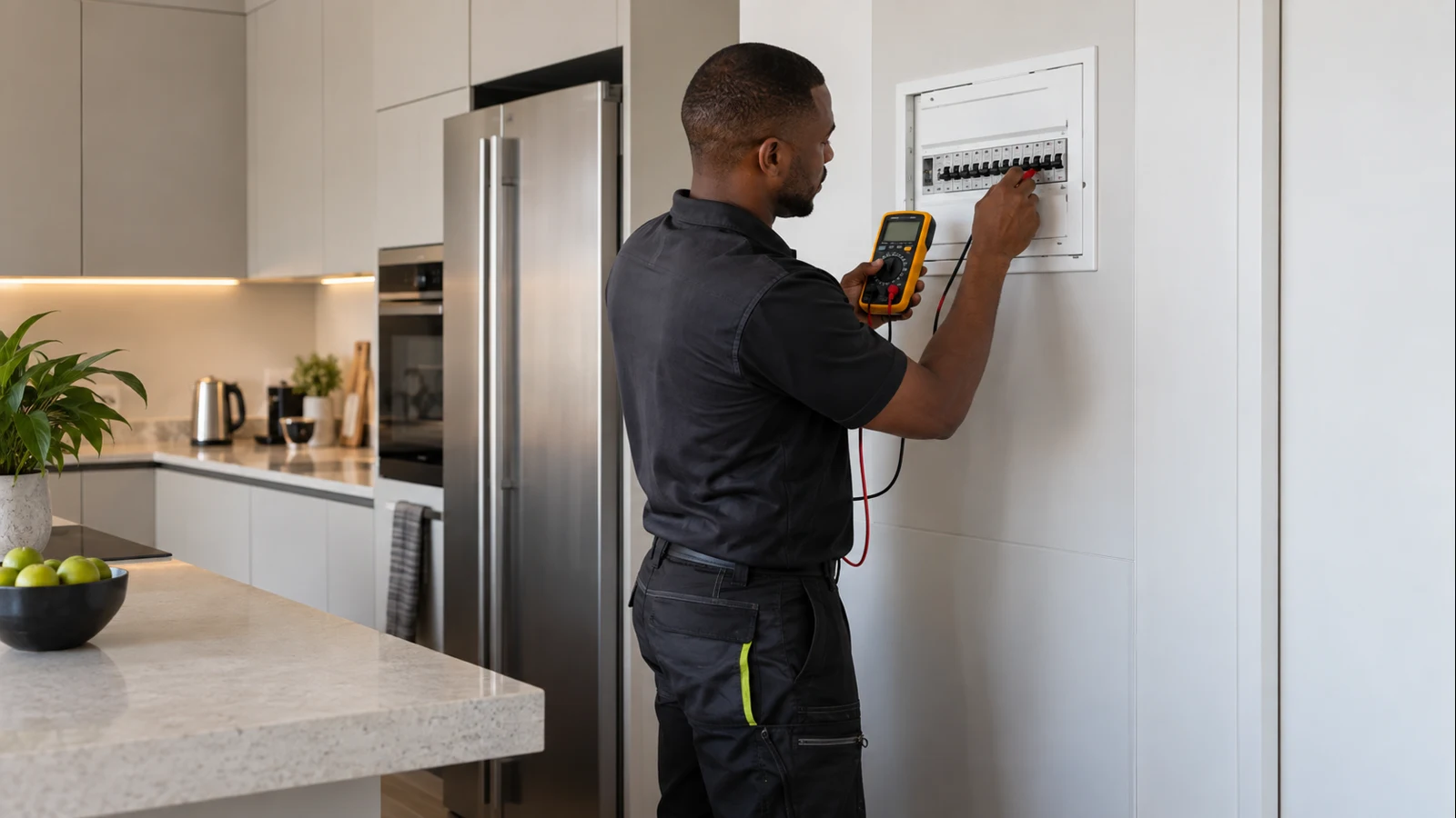 Electrician Beverley electrical testing context Electrician using test equipment at a residential distribution board for Beverley service planning