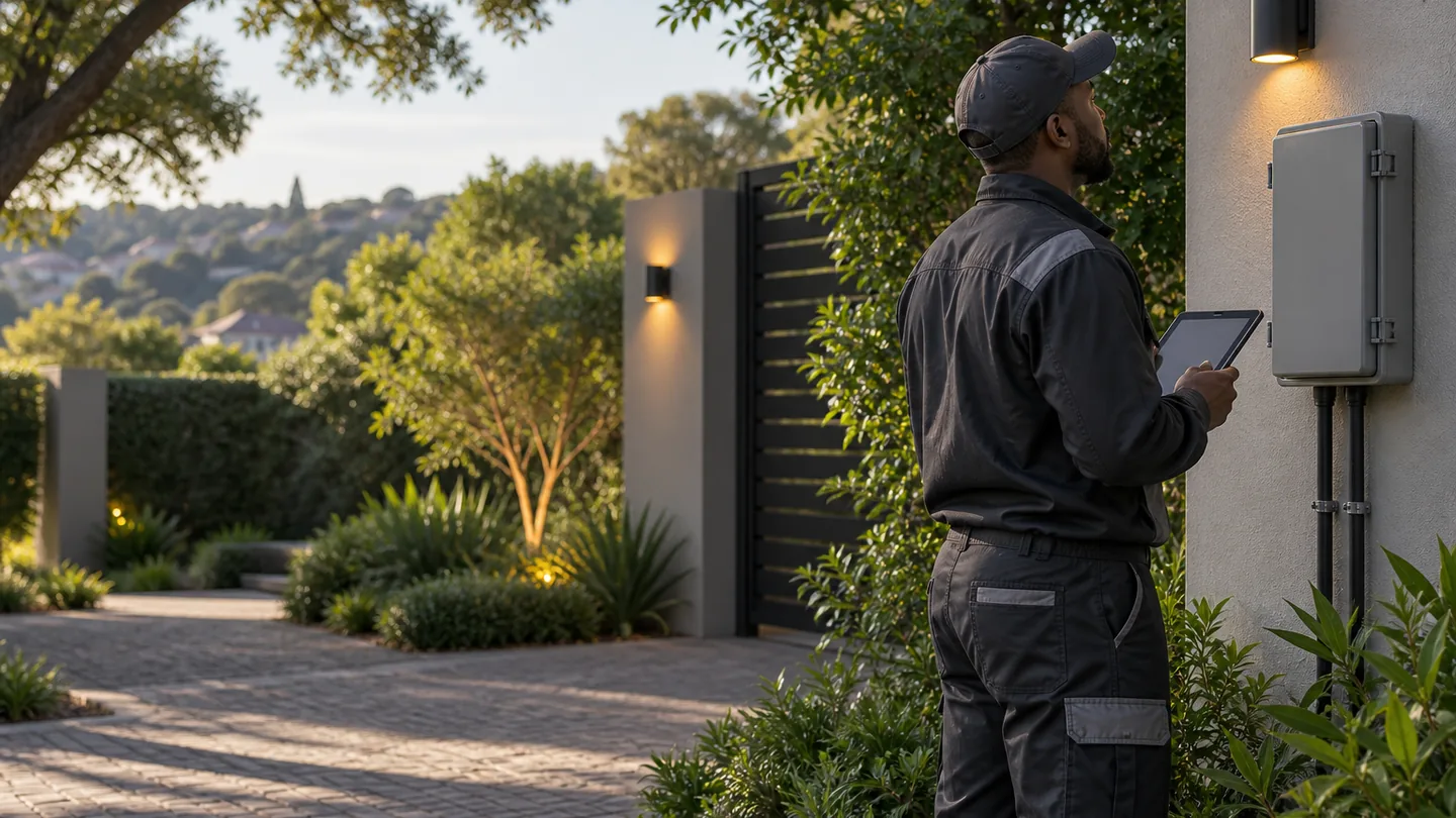 Illustrative view of an electrician checking a closed outdoor electrical enclosure and exterior lighting at a leafy residential entrance for Electrician Boskruin service guidance
