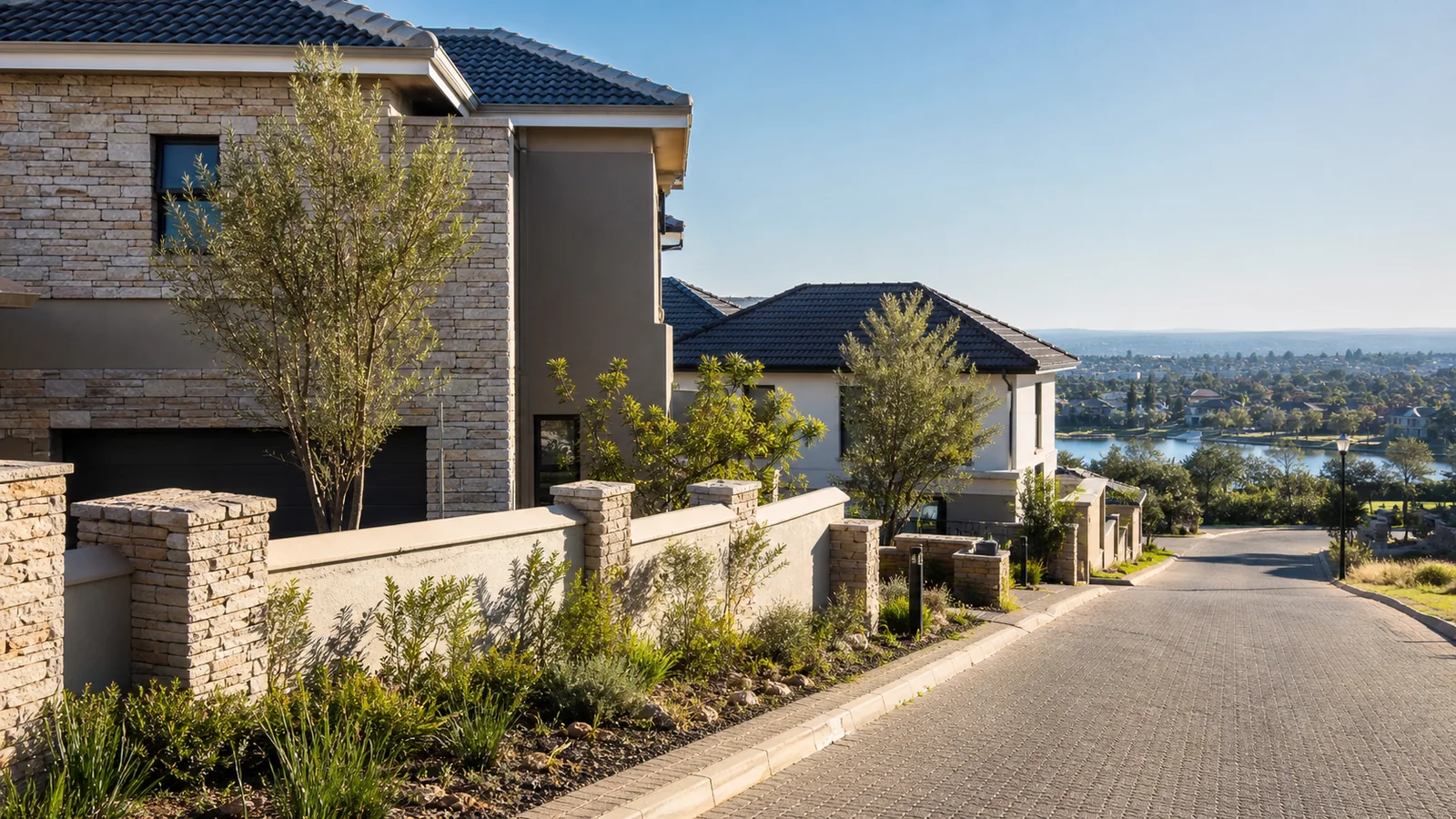 Editorial view of landscaped security-estate property context in Cedar Lakes