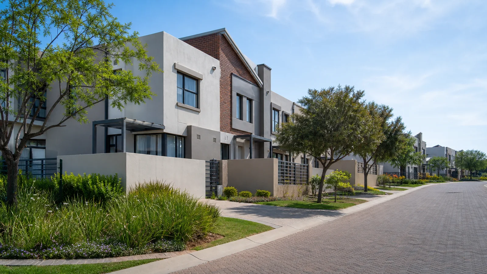 Editorial view of modern estate and townhouse property context in Eco Park