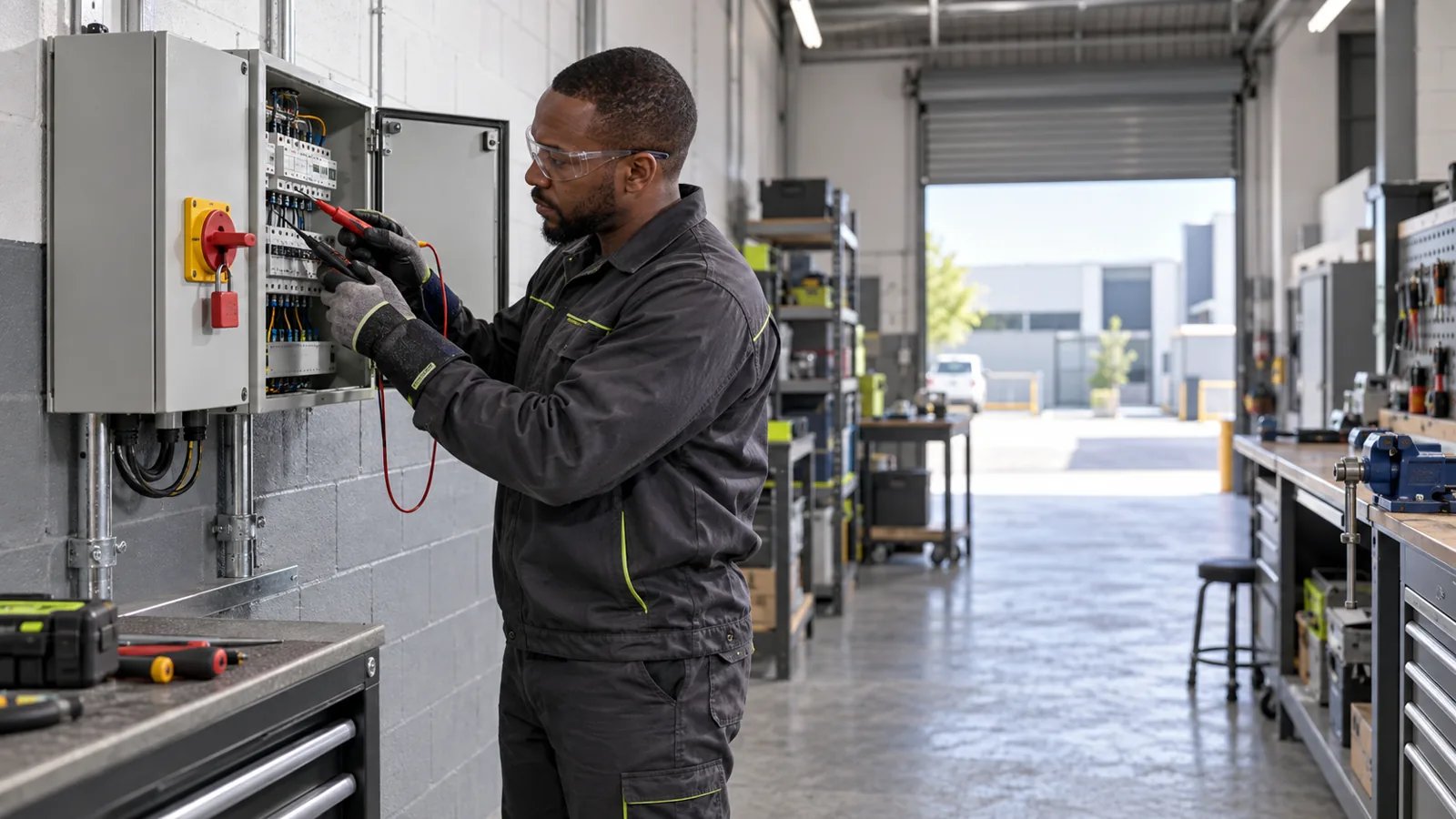 Electrician testing a control panel for Ferndale light-commercial electrical planning