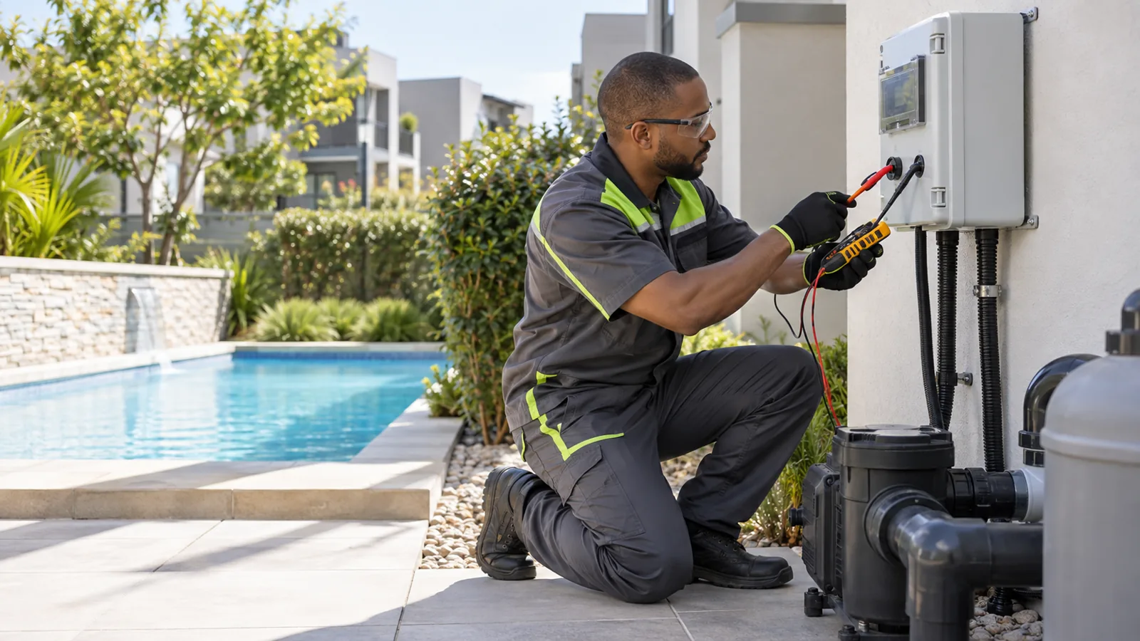 Electrician testing a weatherproof pool-pump control at a contemporary Fourways townhouse complex