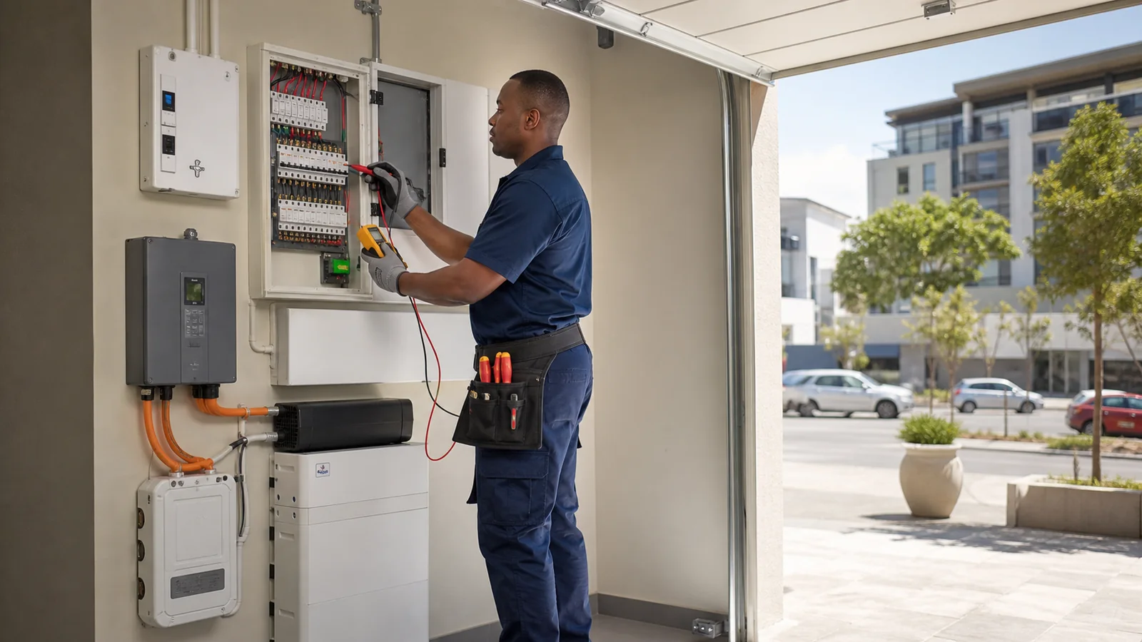 Editorial view of residential distribution-board and backup-power inspection context at a contemporary Fourways home