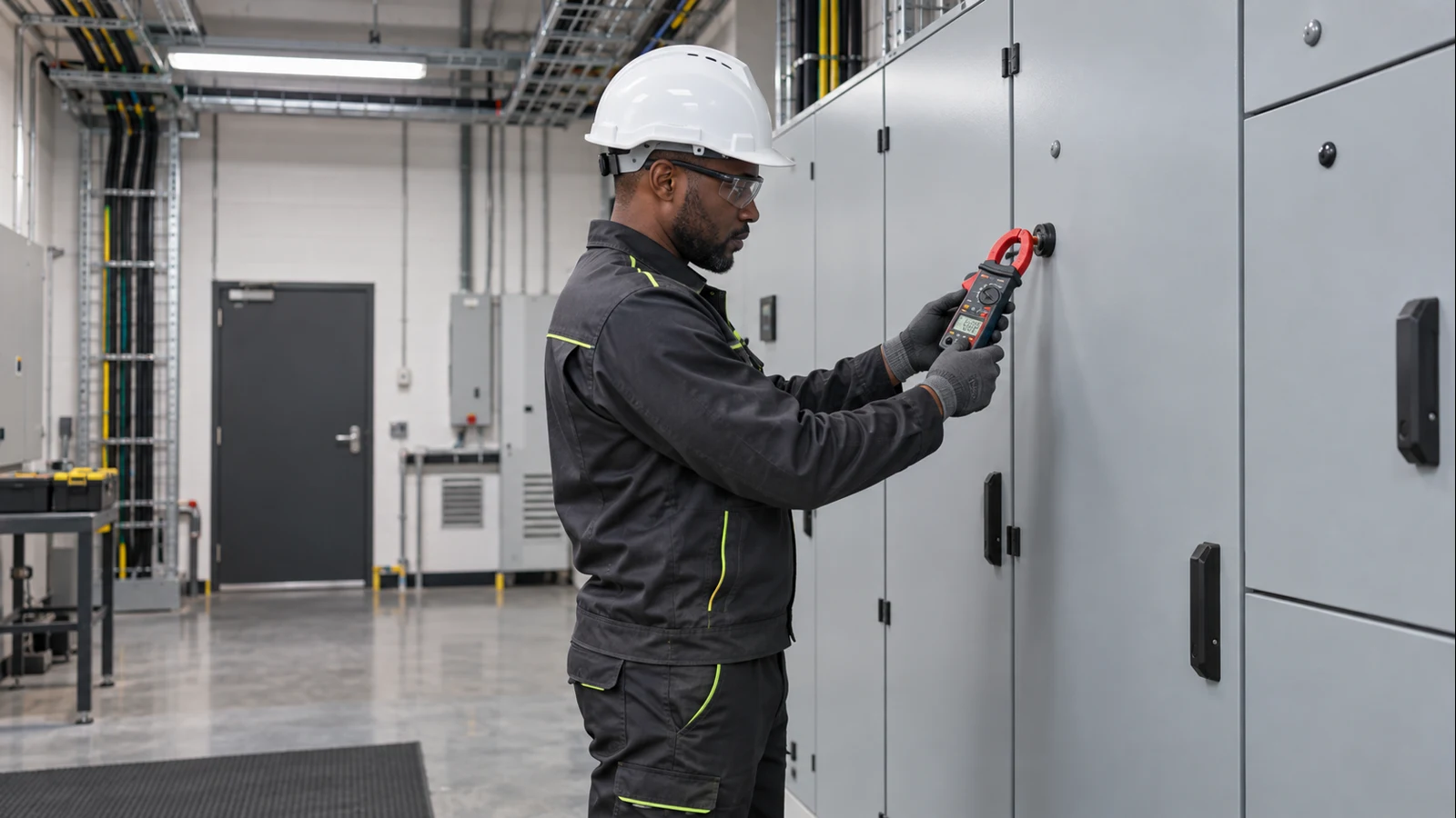 Electrician testing a closed three-phase distribution panel for Halfway House commercial electrical planning