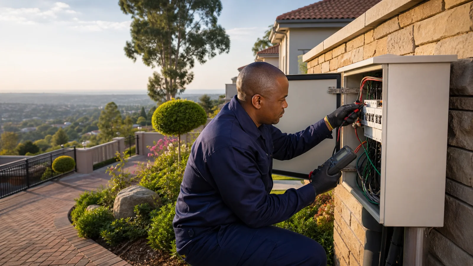 Illustration of an electrician testing an outdoor distribution board at a hillside residential property.