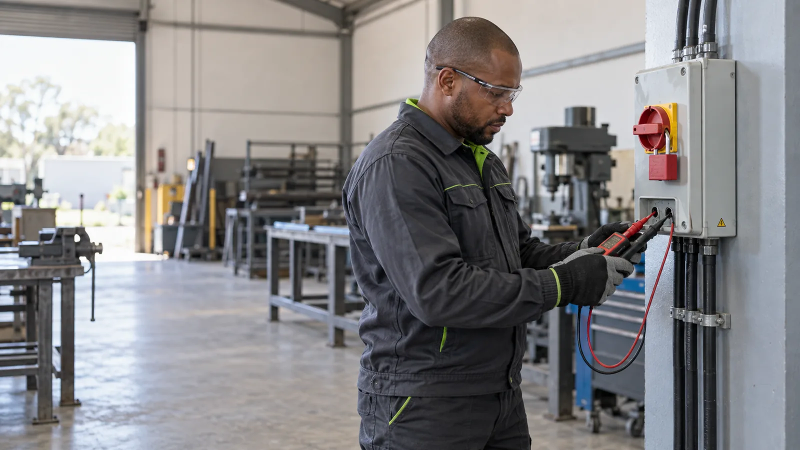Electrician testing a locked-out three-phase isolator in a Hennopspark workshop setting