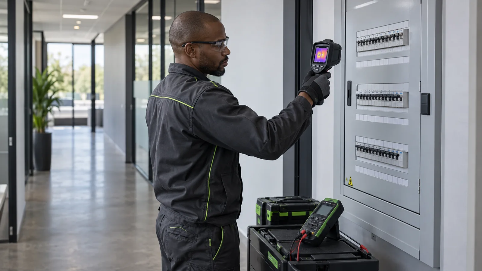 Electrician using a thermal camera to inspect a commercial distribution board for Highveld office electrical planning