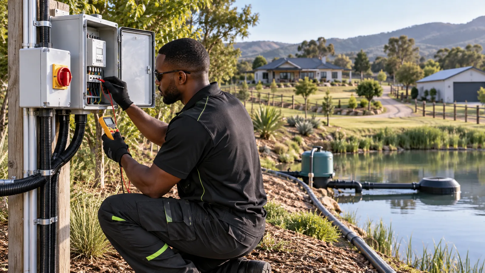 Electrician measuring a remote pump supply isolator in a Honey Hill smallholding setting