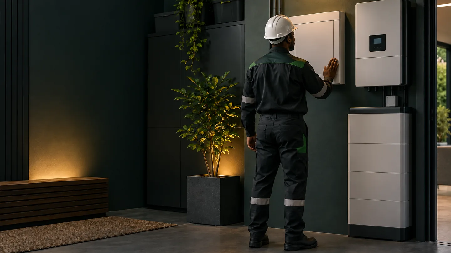 Illustrative view of an electrician inspecting closed electrical and backup-power equipment in a modern residential utility area for Electrician Honeydew Ridge service guidance