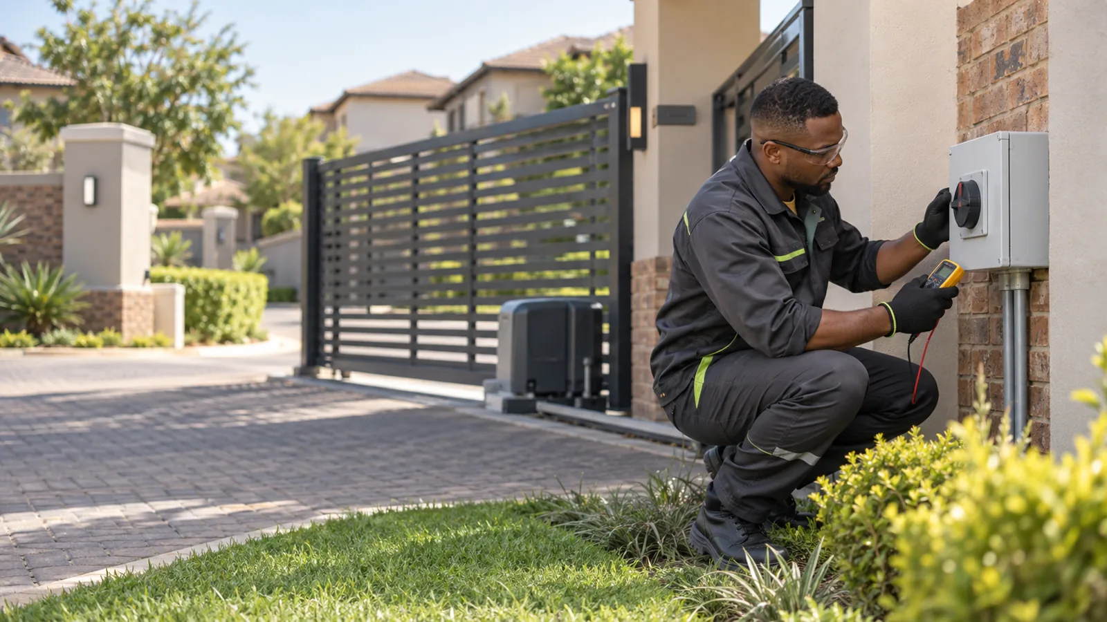 Electrician testing an exterior residential electrical enclosure with a digital meter
