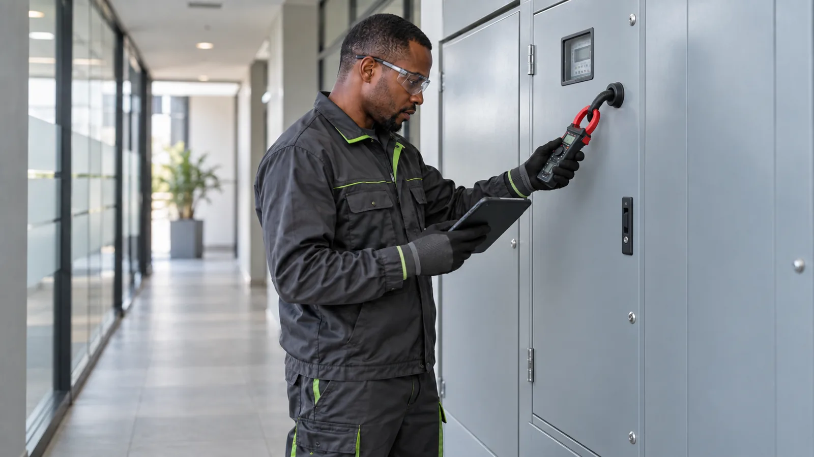 Electrician Kramerville commercial electrical testing context Electrician carrying out electrical testing at commercial switchgear for Kramerville service planning