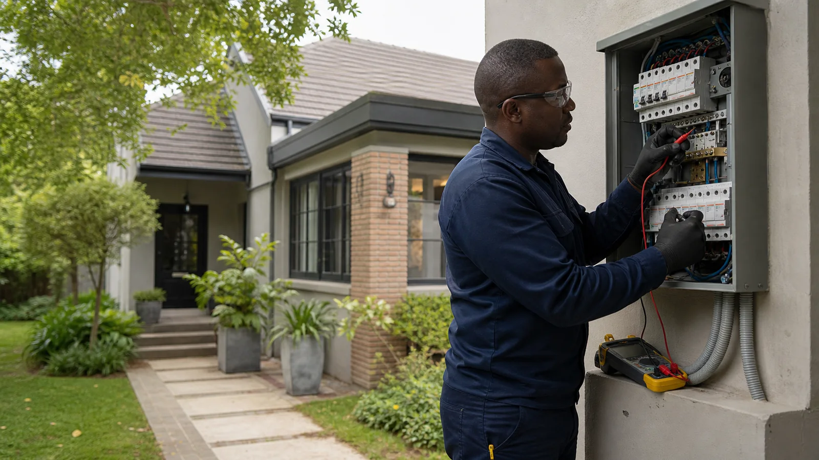 Electrician inspecting a visible exterior electrical point at a residential property