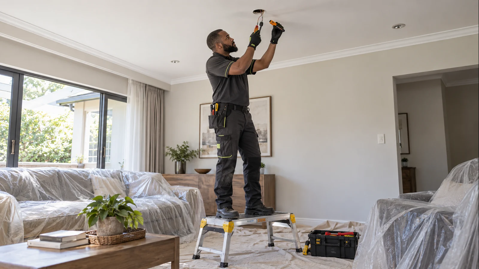 Electrician testing an isolated ceiling-lighting circuit for Little Falls household electrical planning