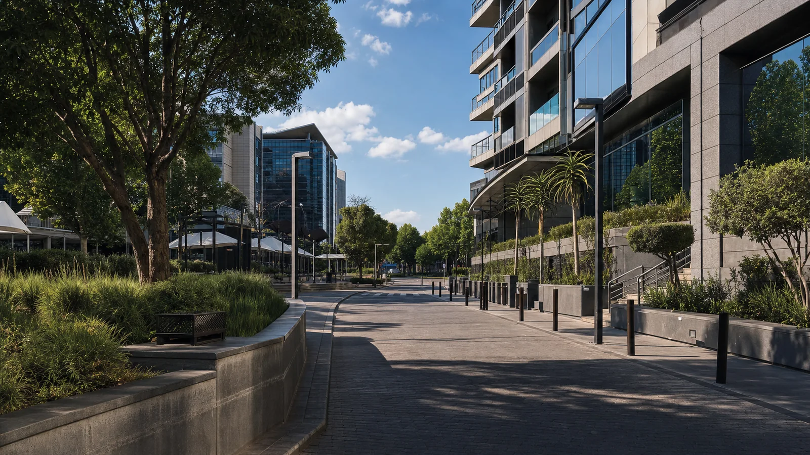 Editorial view of contemporary mixed-use urban property context in Melrose Arch