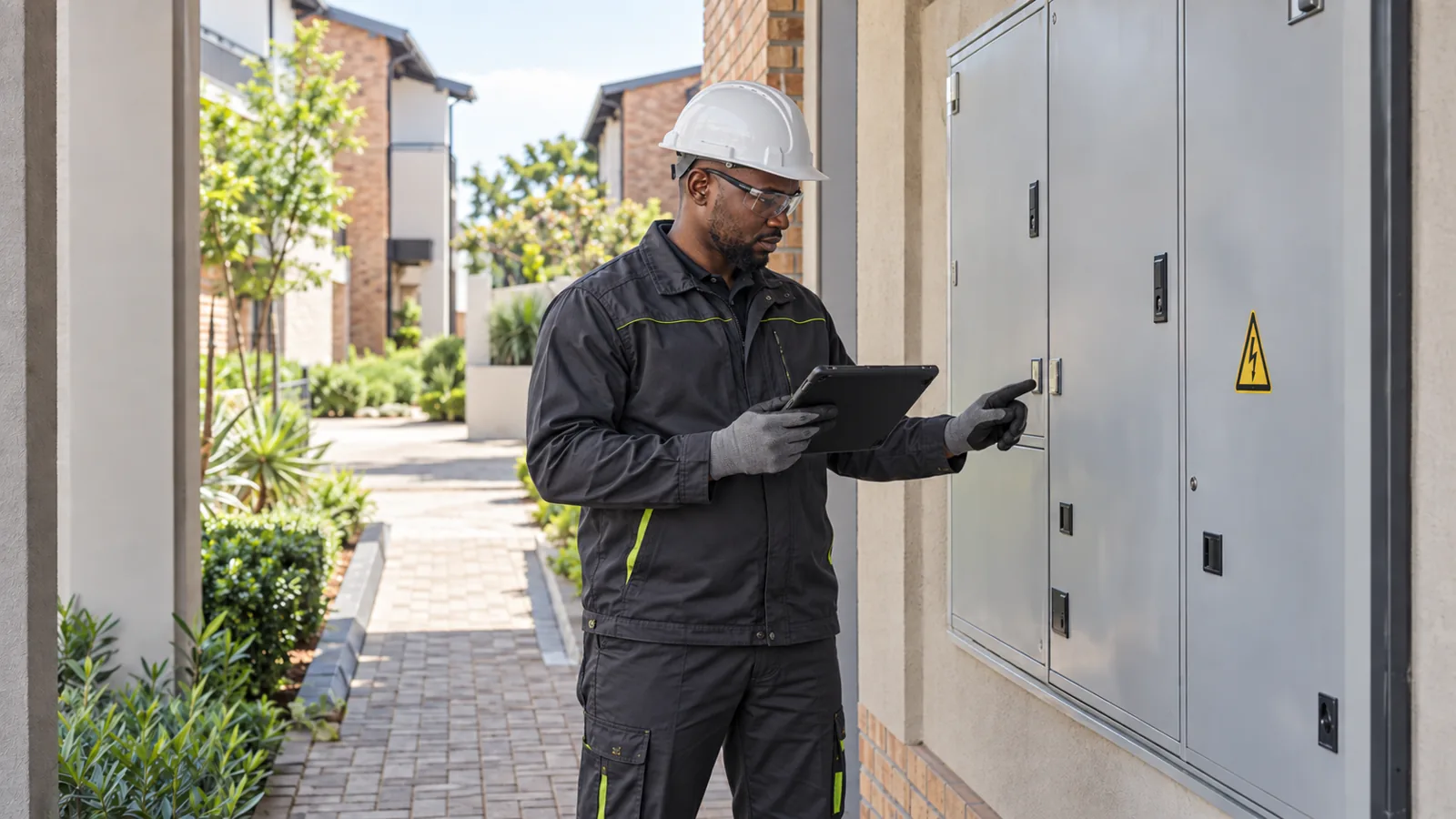 Electrician recording a communal electrical-cabinet condition inspection on a tablet for Midstream townhouse planning