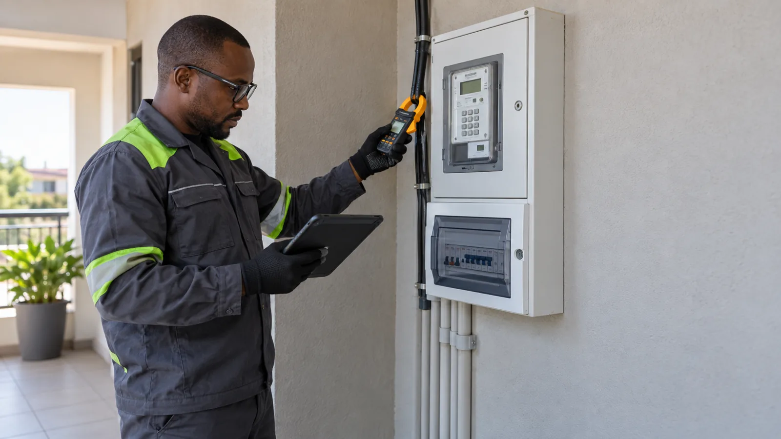 Electrician checking a residential electrical supply enclosure with a clamp meter and tablet