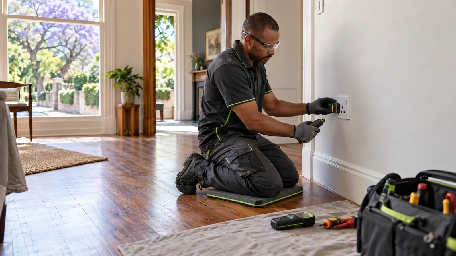 Electrician using a plug-in socket tester for Parkhurst older-home renovation planning