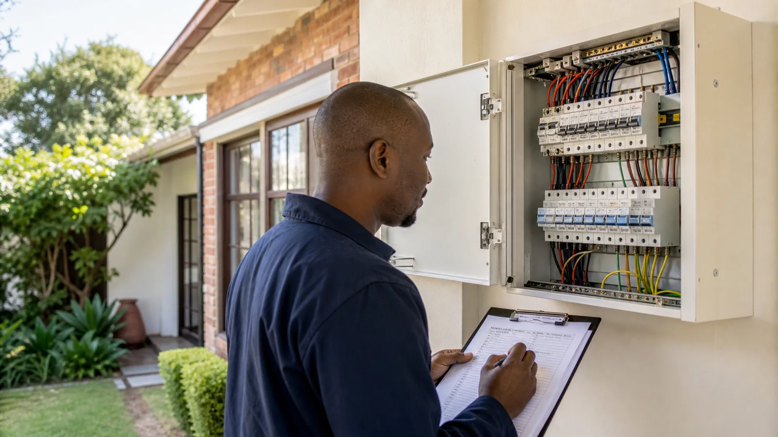 Electrician Parkmore | Wesslink Electrical Editorial illustration of a technician recording distribution-board inspection findings at an established home, representing electrical COC preparation in Parkmore