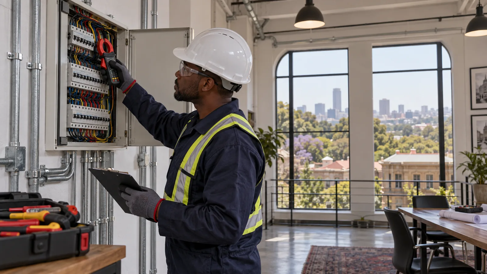 Electrician tracing circuits at a distribution board in a converted older Parktown office