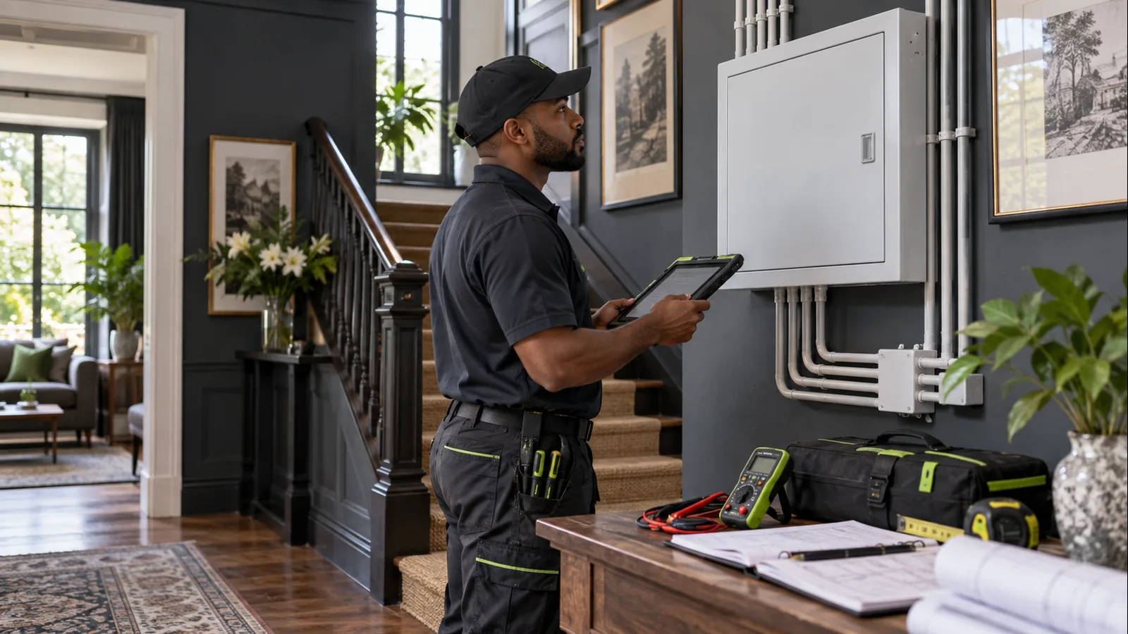 Electrician reviewing a residential distribution board and circuit records for services in Parkview