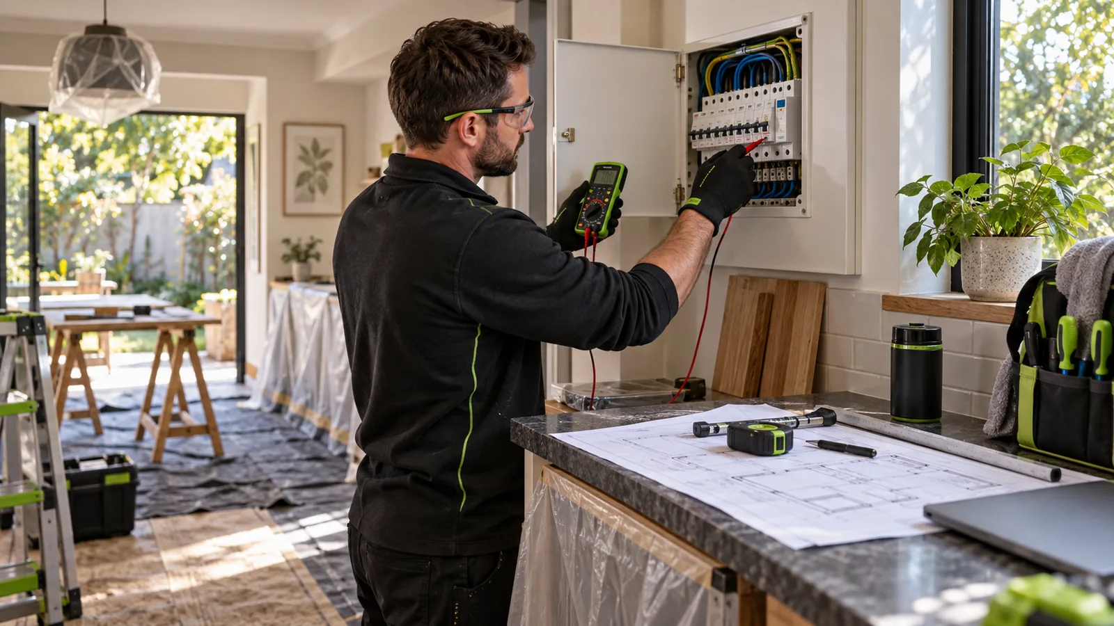 Electrician testing a kitchen renovation sub-board in a leafy Parkwood home