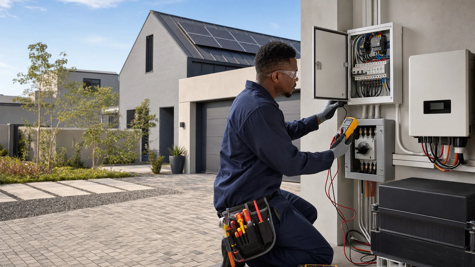 Editorial view of residential distribution-board and backup-power inspection context at a contemporary Petervale cluster home