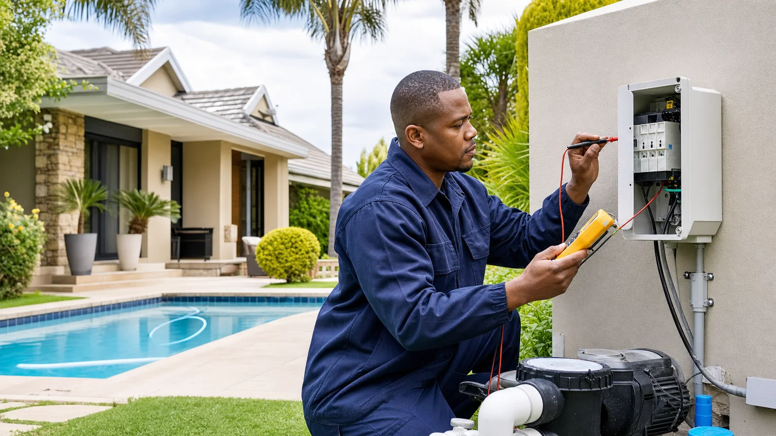 Editorial view of outdoor and pool-circuit electrical testing context at a Randpark Ridge home