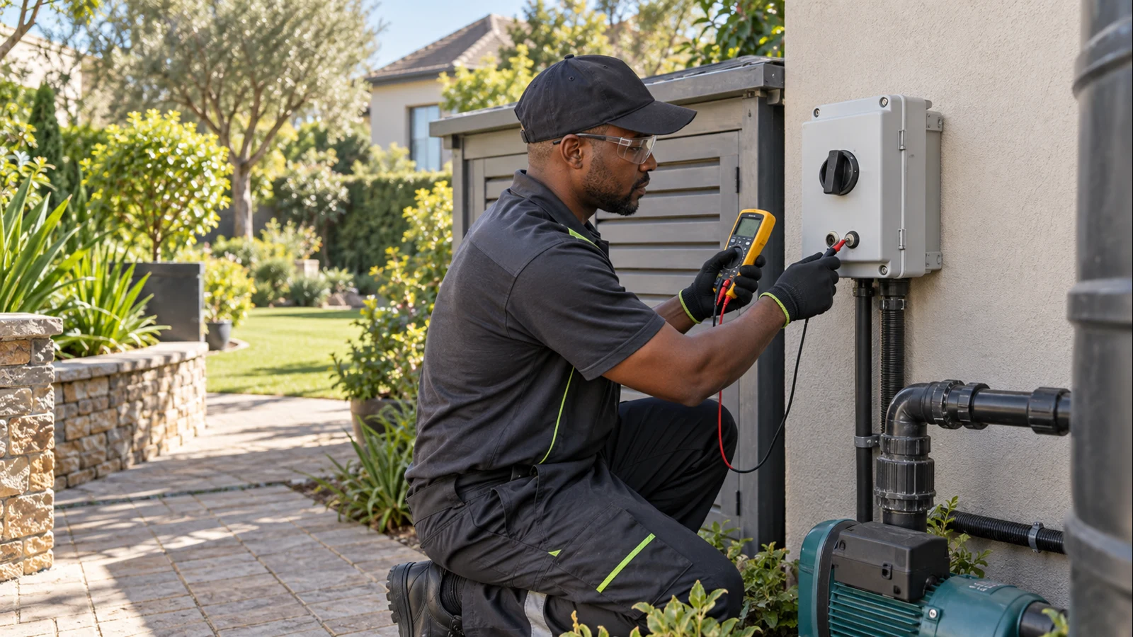 Electrician testing a weatherproof pump-control isolator for Ruimsig property electrical planning