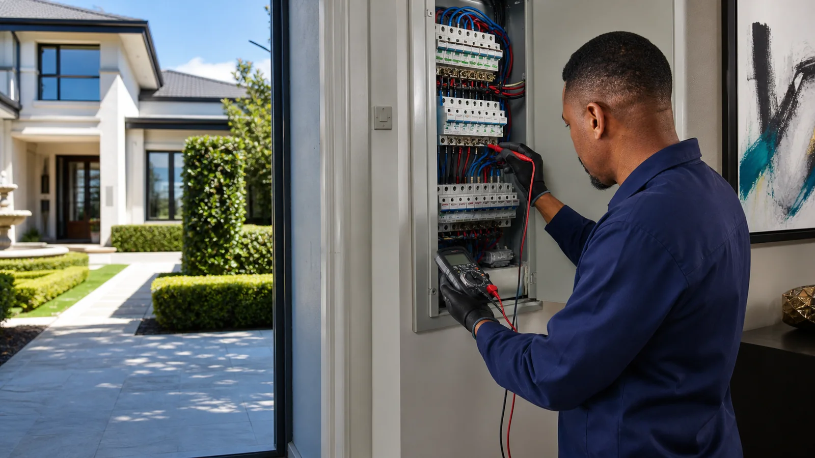 Electrician Sandhurst | Wesslink Electrical Editorial illustration of a technician testing a multi-row distribution board at a large residence, representing electrical inspection context in Sandhurst